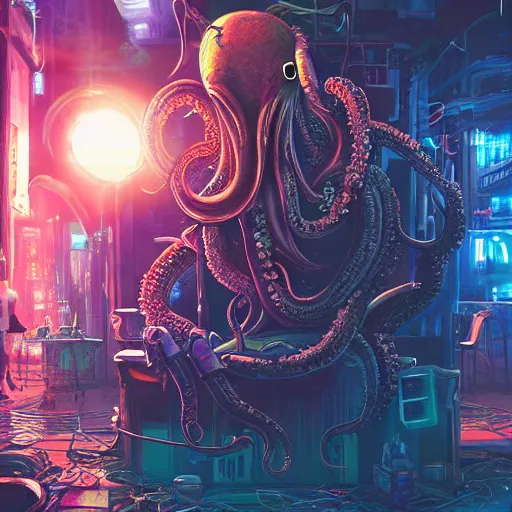 Image similar to a high quality portrait of octopus Davy Jones in a cyberpunk cyberpunk cyberpunk cafe, realism, 8k, award winning photo