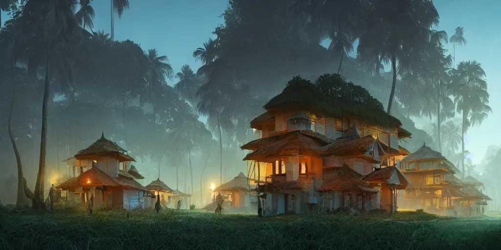 Prompt: establishing shot of a kerala village, architectures by zaha hadid, an epic fantasy, dramatic lighting, cinematic, extremely high detail, photorealistic, cinematic lighting, matte painting, artstation, by simon stalenhag, horizon forbidden west