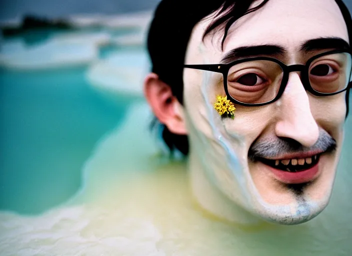 Image similar to Kodak Portra 400, 8K, soft light, volumetric lighting, highly detailed, portrait photo of a Filthy Frank by WLOP, the face emerges from a Pamukkale, thermal waters flowing down white travertine terraces with lotus flowers, inspired by Ophelia paint , blue shirt and hair are intricate with highly detailed realistic beautiful flowers , Realistic, Refined, Highly Detailed, ethereal lighting colors scheme, outdoor fine art photography, Hyper realistic, photo realistic, masterpiece