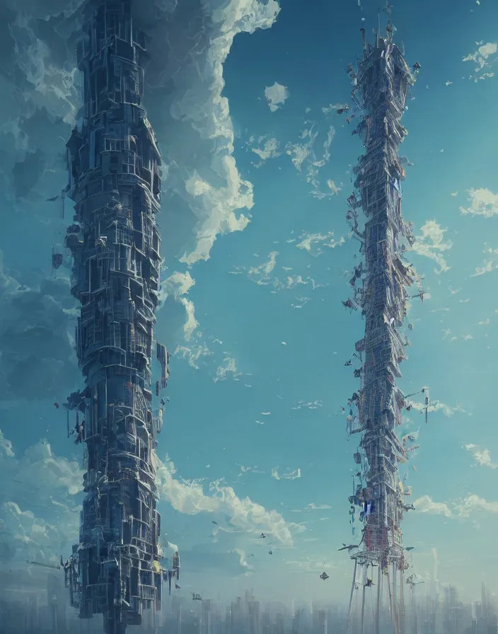 Image similar to painting of a tall tower that reaches beyond the clouds, intricate abstract. delicate artwork. by Tooth Wu, wlop, beeple, dan mumford. octane render, trending on artstation, greg rutkowski very coherent symmetrical artwork. cinematic, hyper realism, high detail, octane render, 8k, depth of field, bokeh. chrome accents.