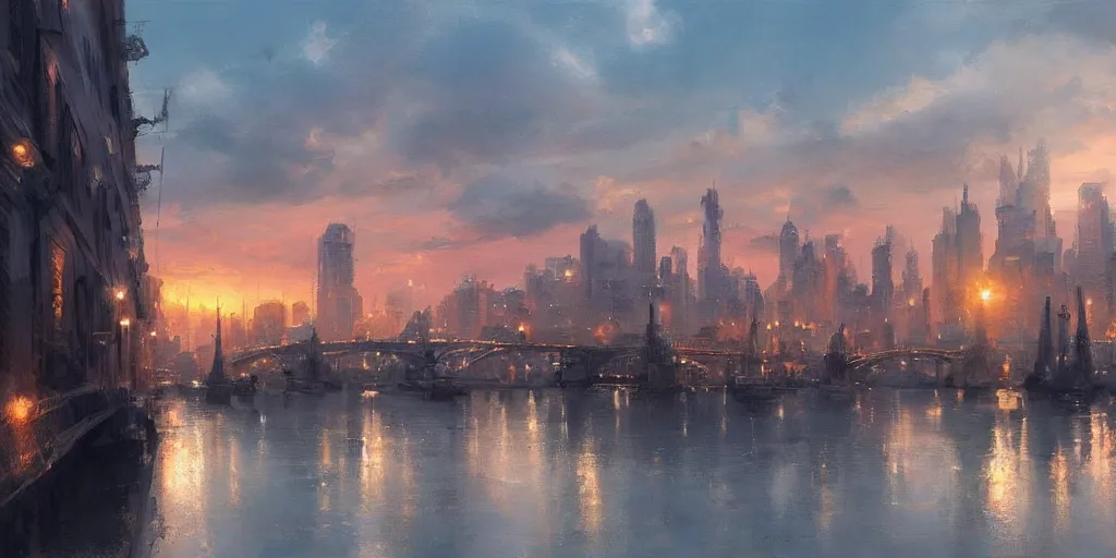 Image similar to stunning painting of an city from 1 7 0 0 during sunset by krenz cushart