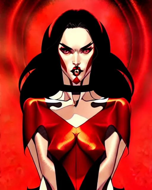 Image similar to artgerm, joshua middleton comic cover art, full body pretty megan fox vampire sharp teeth, red dress, symmetrical eyes, symmetrical face, long curly black hair, dark castle background background, cinematic lighting