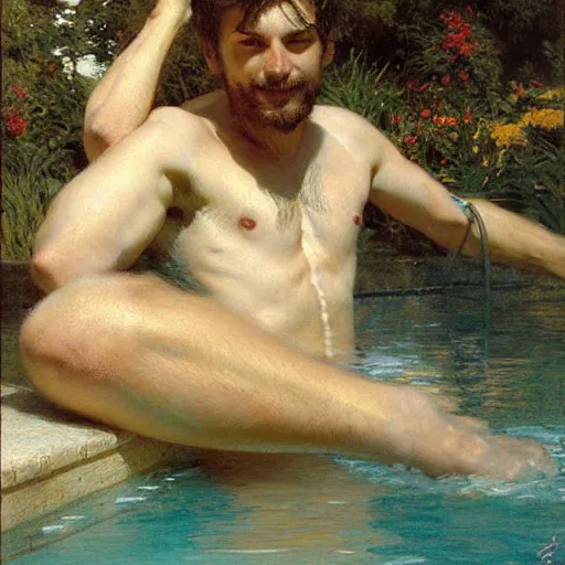 Image similar to a portrait of a furry in the pool, furry body, furry arms, furry legs, furry tail. highly detailed painting by gaston bussiere, craig mullins, j. c. leyendecker, furry