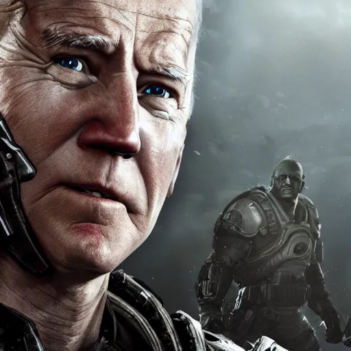 Prompt: Photo portrait of Joe Biden in Gears of War, splash art, movie still, detailed face, photorealistic facial features, cinematic lighting, dramatic, octane render, long lens, shallow depth of field, bokeh, anamorphic lens flare, 8k, hyper detailed, 35mm film grain