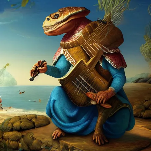 Prompt: an anthropomorphic tortoise playing a lute by the sea, Highly detailed and beautiful fantasy art trending in art station.