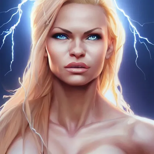 Image similar to pamela anderson 2 0 - years old as the greek god of lightning, highly detailed, young, by artgerm and greg rutkowski