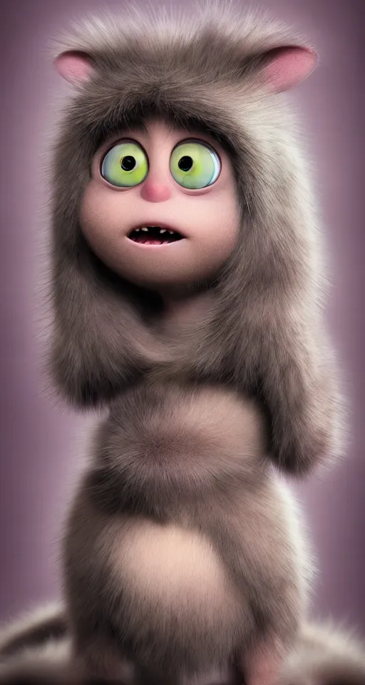 Image similar to a cute little baby monster with long fur, portrait, pixar style, extremely realistic photo, heaven background, cinematic lighting, award winning creature portrait photography