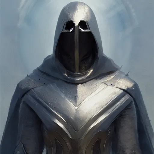 Prompt: armored angel, wavy wings of light, metal halo, no face, hooded, fantasy, concept art, detailed realistic, character art by greg rutkowski
