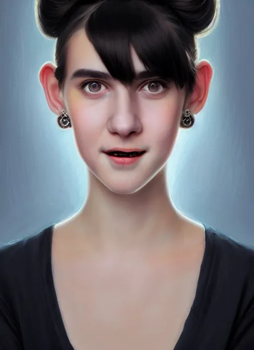 Image similar to portrait of white teenage girl, narrow face, short black hair, bangs, half updo hairstyle, buck toothed big smile, unattractive, defined jawline, long chin, wearing hair bow, earrings, intricate, elegant, glowing lights, highly detailed, digital painting, artstation, sharp focus, illustration, art by wlop, mars ravelo and greg rutkowski