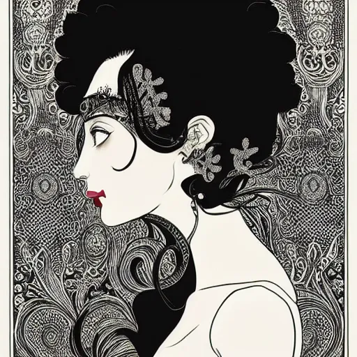 Image similar to filigree detailed illustration of a profile of gypsy girl with long curly hair and big goat horns on her head, aubrey beardsley, tomer hanuka, makoto shinkai