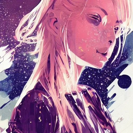 Prompt: highly detailed portrait of a chill vibing young astronaut lady with a wavy blonde hair, by Dustin Nguyen, Akihiko Yoshida, Greg Tocchini, Greg Rutkowski, Cliff Chiang, 4k resolution, ibiza nightclub dancing inspired, nier:automata inspired, rave inspired, vibrant but dreary gold, silver, opal, pink, diamond black and white color scheme!!! ((Space nebula nightlife background))