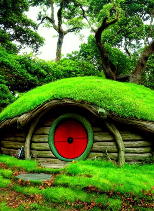 Prompt: the shire, forest, botanic foliage, big oaks, lord of the rings, hobbit houses, grass landscape