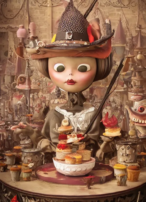 Prompt: closeup of a tin toy medieval witch eating cakes, depth of field, zeiss lens, detailed, symmetrical, centered, fashion photoshoot, by nicoletta ceccoli, mark ryden, lostfish, earl nore, hyung tae, frank frazetta, breathtaking, 8 k resolution, extremely detailed, beautiful, establishing shot, artistic, hyperrealistic, octane render