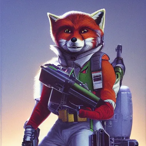 Image similar to a portrait of fox mccloud holding a blaster, suspenseful, heroic, anthropomorphic furry art, star fox, by jim burns, vincent di fate, and peter elson