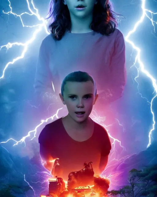 Image similar to Poster of Millie Bobby Brown in a jungle of lightning