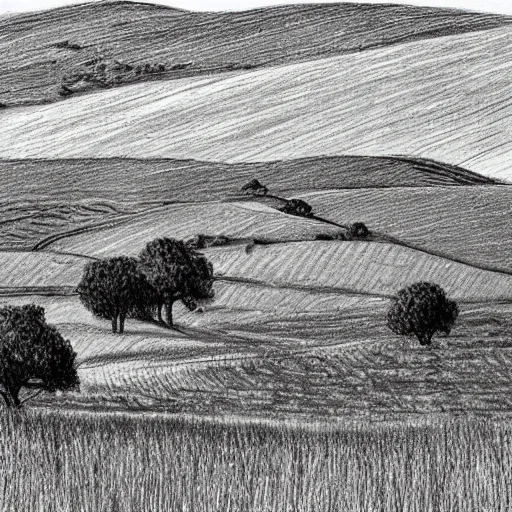 Image similar to This drawing captures the beauty of the countryside in all its simplicity. The rolling hills and fields are bathed in a warm, golden light, and the peaceful scene is punctuated by a few small houses and a winding road. The brushwork is loose and expressive, and the overall effect is one of serenity and calm. 1970s grainy vintage illustration, Mayan by Hiroshi Nagai, by Carlo Crivelli playful, improvisational