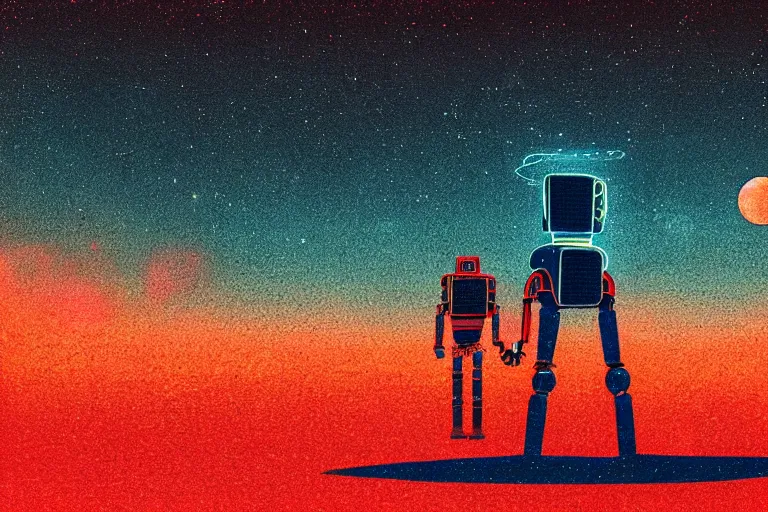 Image similar to a robot standing on mars in the style of flooko, acrylic art, detailed, moonlight, red lighting, bokeh, synthwave, psychedelic, glitch, neon,