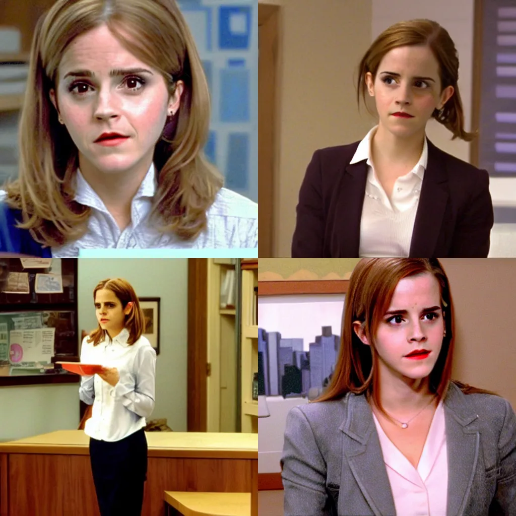 Prompt: emma watson as pam beasley from the office (2002) screenshot from the office (2002)