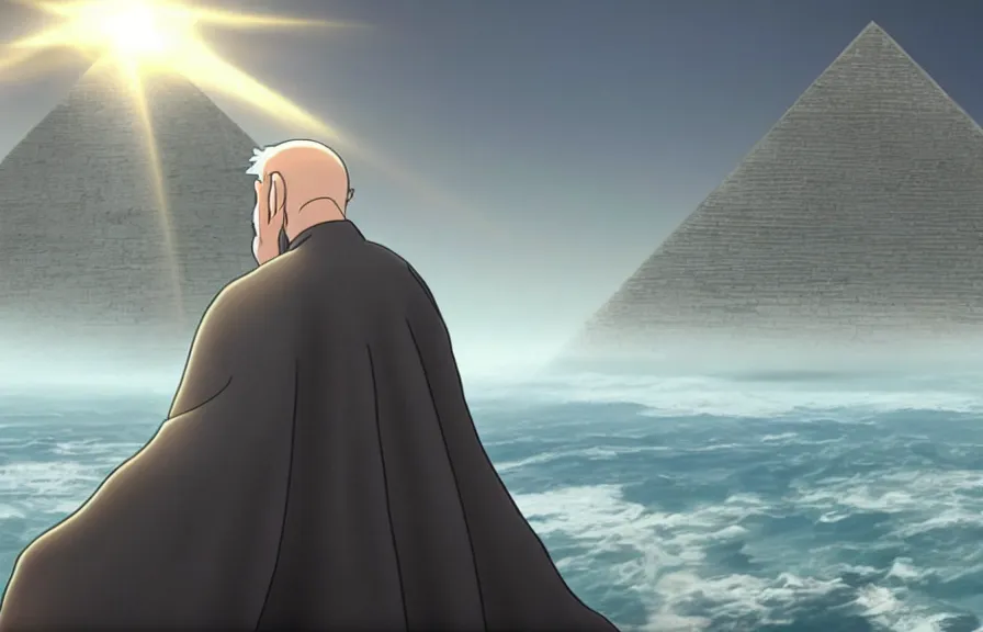 Image similar to a realistic cell - shaded cartoon of a monk in a grey robe from howl's moving castle ( 2 0 0 4 ). in the background is a white pristine pyramid in the ocean. shafts of sunlight come from above. wide shot, very dull muted colors, hd, 4 k, hq