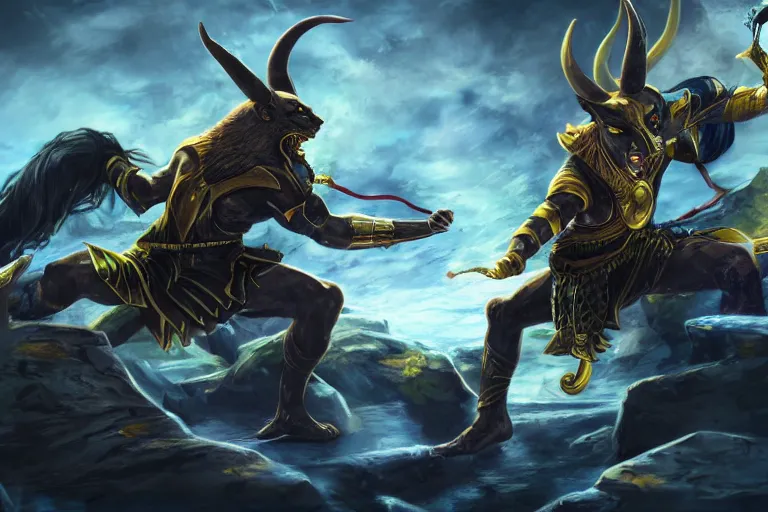 Prompt: battle to the death between anubis and loki, 4 k, hd, concept art