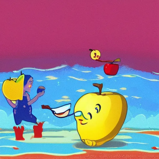 Prompt: a banana fighting an apple in the deep sea