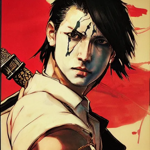 Image similar to portrait of a young white hero using his right arm to grip a katana that is covering his eye by yoji shinkawa, high quality, extra details, realism, ornate, colored, golden chain, blood, white skin, short hair, brown eyes, vivid, sunlight, red headband, black eyepatch, white american soldier, painting, cybernetics, military