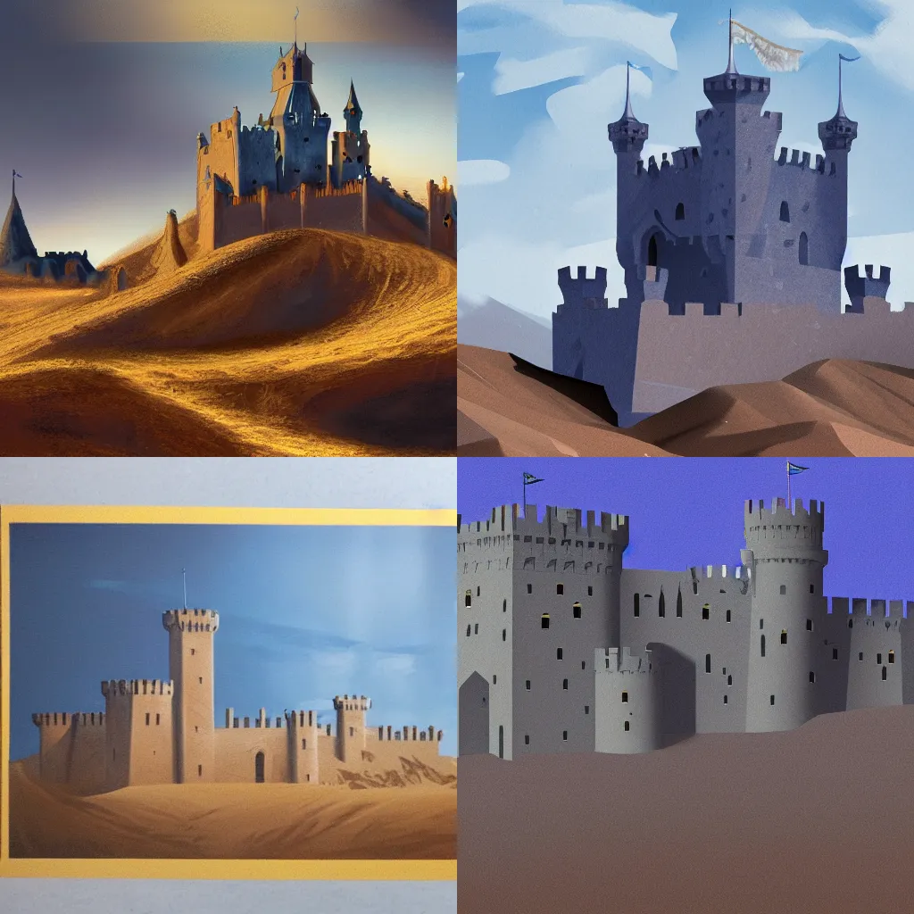 Prompt: A digital concept art painting of a dark blue medieval european castle in desert