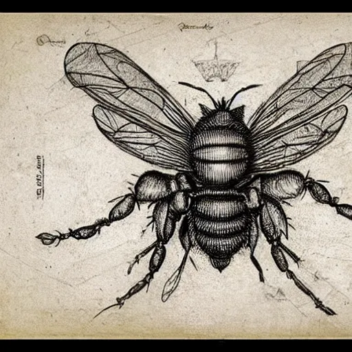 Prompt: Leonardo da Vinci detailed sketch of a mechanical bee, concept art, pencil on paper, technical sketch, blueprint, robotic, mechanical