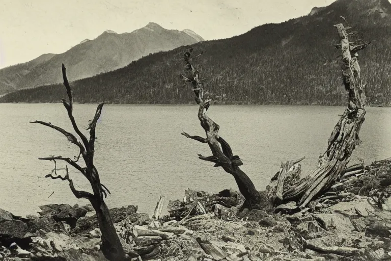 Image similar to very old photo of a landscape of mountains with lake and a dead tree in the foreground, , 1920