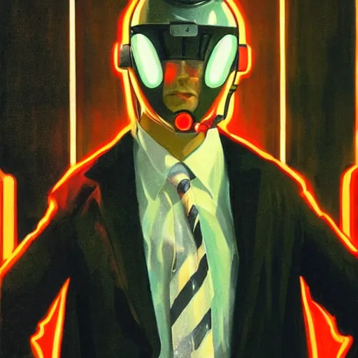 Image similar to man in futurist 6 0 ´ s lab, machines and futurist robots, red lights, leyendecker style, black suit