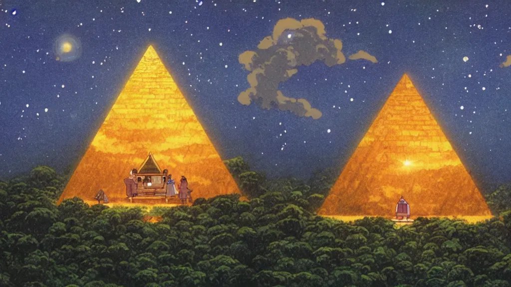 Image similar to a movie still from a studio ghibli film showing a huge glowing pyramid in the rainforest with a floating gold capstone on a misty and starry night. by studio ghibli