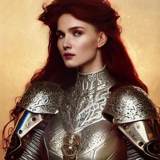 Prompt: portrait of gorgeous russian woman in armor, dramatic lighting, silver gold red details, filigree, intricate details, cinematic, elegant, octane render, art nouveau, 8k post-processing, intricate art by John Collier and Albert Aublet and Krenz Cushart and Artem Demura and Alphonse Mucha,