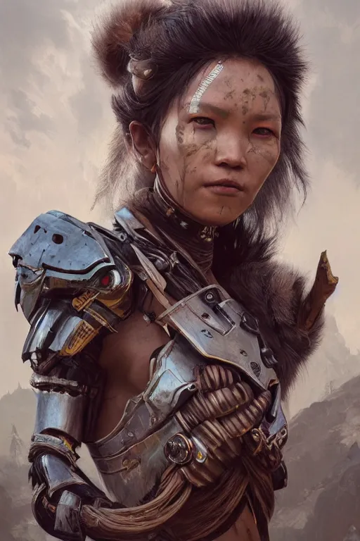 Prompt: a portrait of a tribal women with sci-fi armour by Greg Rutkowski, Sung Choi, Mitchell Mohrhauser, Maciej Kuciara, Johnson Ting, Maxim Verehin, Peter Konig, final fantasy , mythical, 8k photorealistic, cinematic lighting, HD, high details, atmospheric,