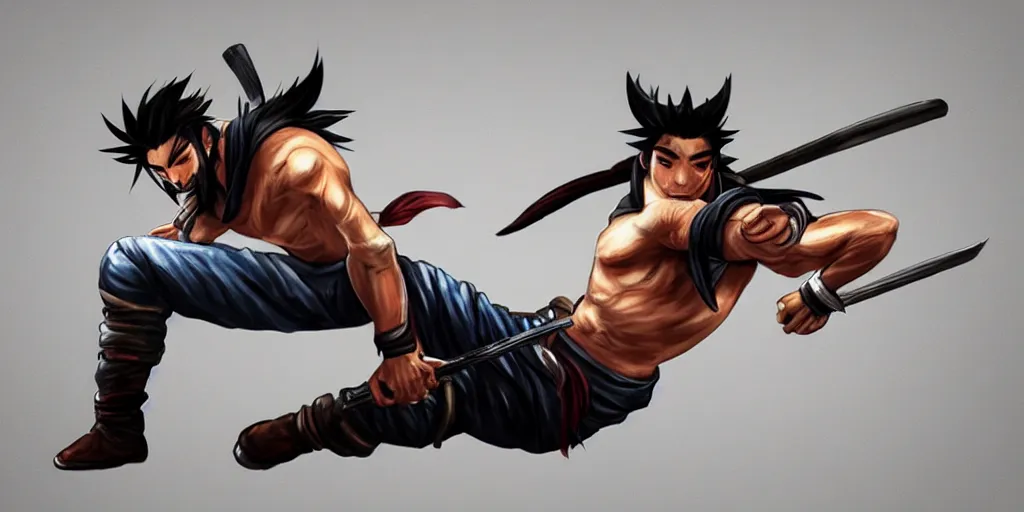 Image similar to Yasuo from League of Legends doing sit-ups, photorealistic, highly detailed, exercise