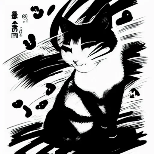 Prompt: a black and white drawing of a cat, an illustration of by gatoken shunshi, pixiv contest winner, dynamic pose, official art, sabattier effect