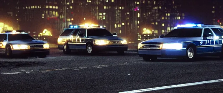 Image similar to NYPD Ford P71 Crown Victoria (2002) police cars chasing a Audi A4 B6 Avant (2002), a gritty neo-noir, dramatic lighting, cinematic, establishing shot, extremely high detail, photorealistic, cinematic lighting, artstation, by simon stalenhag, Max Payne (PC) (2001) winter new york at night, eldritch horror