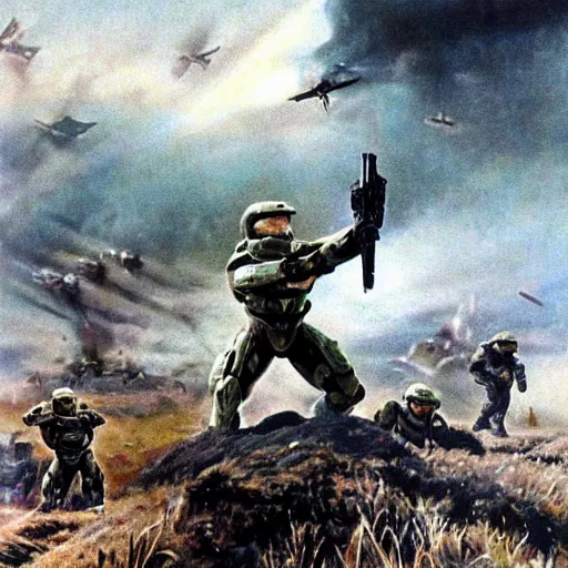 Image similar to halo spartans in world war 2, old movie, dramatic, detailed, colorized, recolor, old movie scene, 1 9 4 0 france