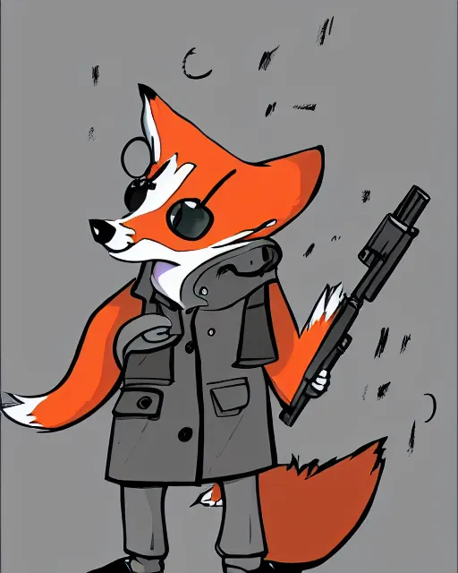 Image similar to a fox wearing a black trench - coat holding a mini - gun, comic art style, digital art,