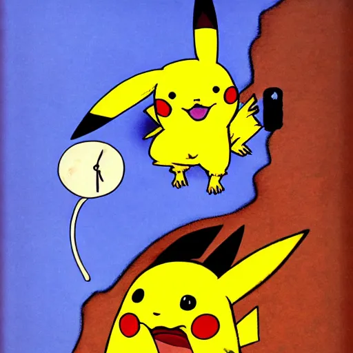 Image similar to pikachu fighting unknown in the style of salvador dali the persistence of time,