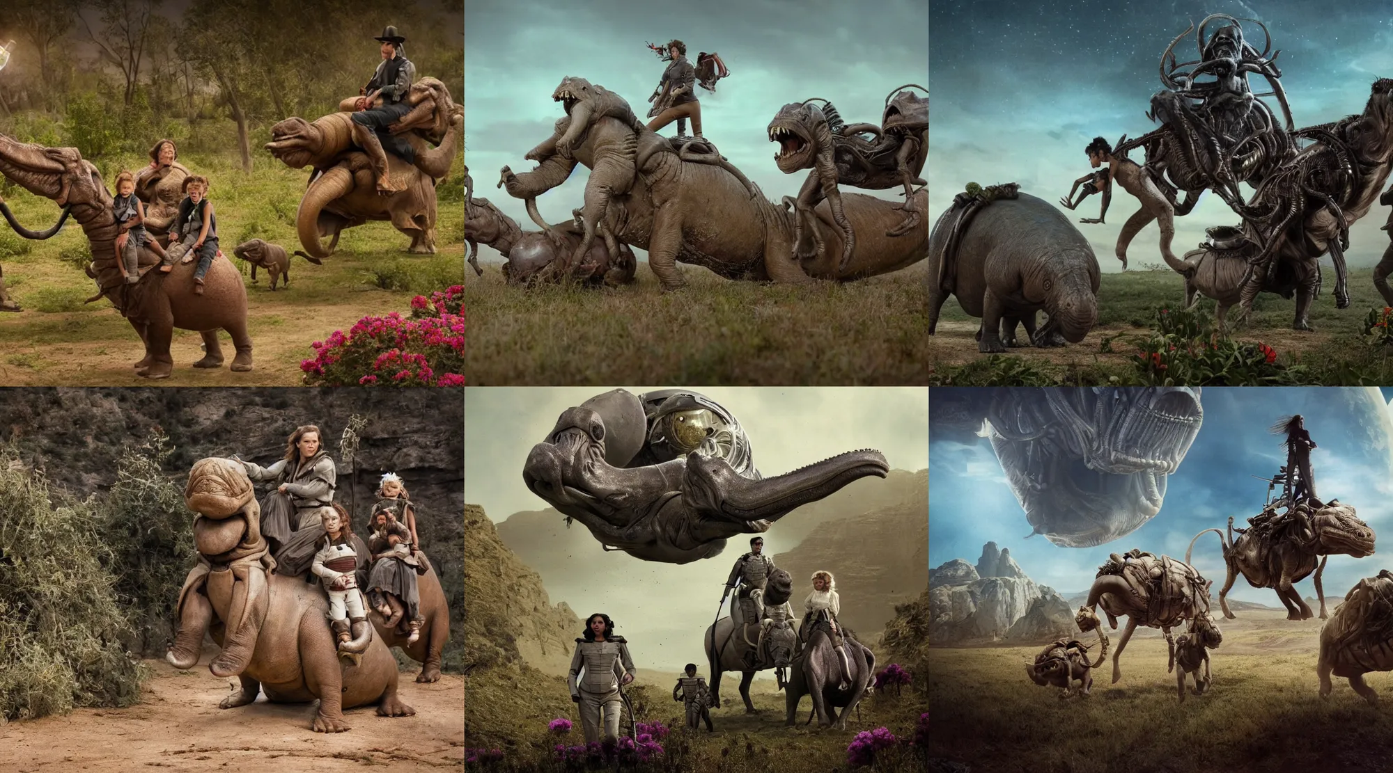 Prompt: 70mm still from a sci fi blockbuster movie made in 2022, set in 1860, of a family riding on the back of alien hippos, on an alien planet, across an alien landscape that is full of strange wild alien plants and flowers, the family are wearing 1850s era clothes, cinematic lighting, 4k, in focus faces, good quality lighting, good quality photography, oscar winner