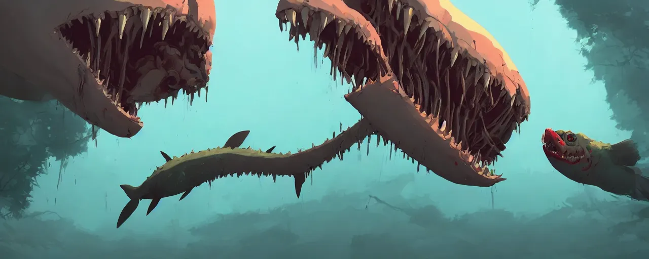 Prompt: piranhas devouring a bloody seal skeleton, blood in the water, atey ghailan, goro fujita, studio ghibli, rim light, terrifying, dark lighting, clear focus, very coherent