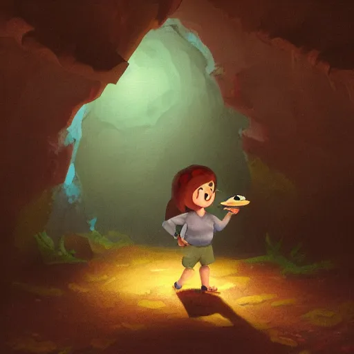 Prompt: an adventurer finding a cake in a dark mysterious cave