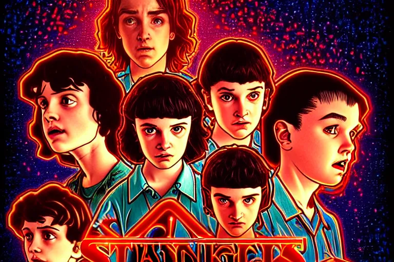 Image similar to closeup shot from the animated version Stranger Things, cartoon, detailed faces, high resolution, hyper detailed, intricate, illustrated, dramatic lighting, illustration, artstation, concept art, smooth, sharp focus, art by Alphonse Mucha and Matt Groening !n-9