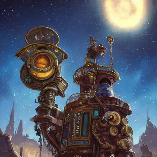 Image similar to steampunk telescope looking at the starry sky, hearthstone coloring style, by greg rutkowski, epic fantasy style art, fantasy epic digital art