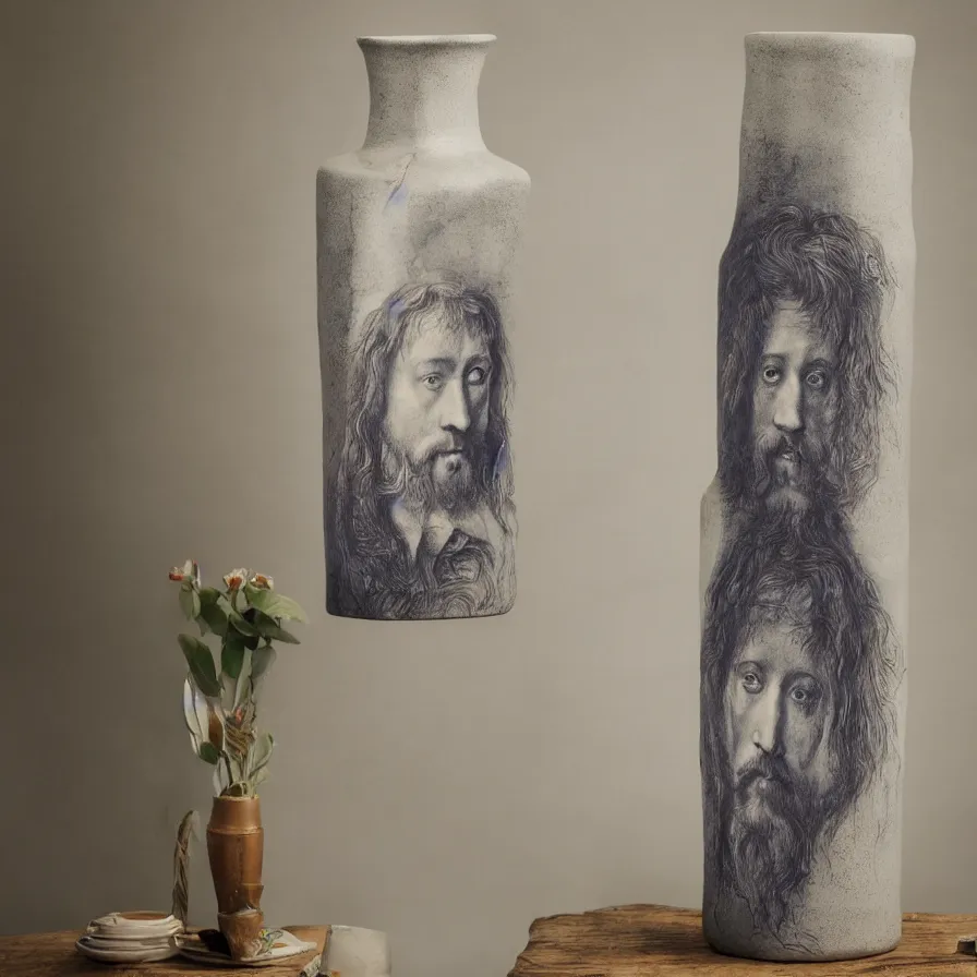 Image similar to beautiful studio photograph of a ceramics display with albrecht durer self portrait painted onto a tall stoneware vase on a wooden table, hyperrealism 8 k trending on artstation