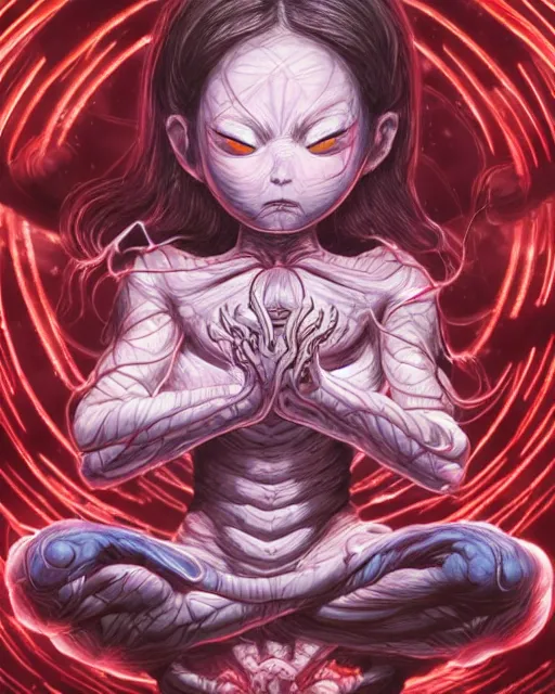 Image similar to a tiny cute demon meditating, wrapped in sacred parchment with glowing text, smooth, intricate, elegant, digital painting, artstation, power runes, pulsing energy, concept art, sharp focus, octane render, illustration, art by shintaro kago and philippe druillet, overwatch character,