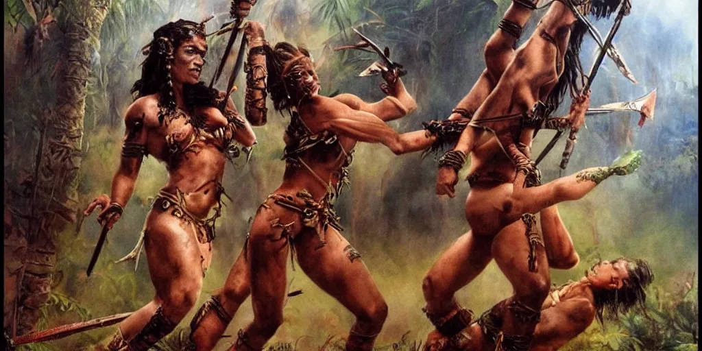 Prompt: movie, ancient battle in jungle, beautiful brutal aztec and Amazonian females fight, epic, vintage, blood, slight inspiration of Boris vallejo and apocalypto