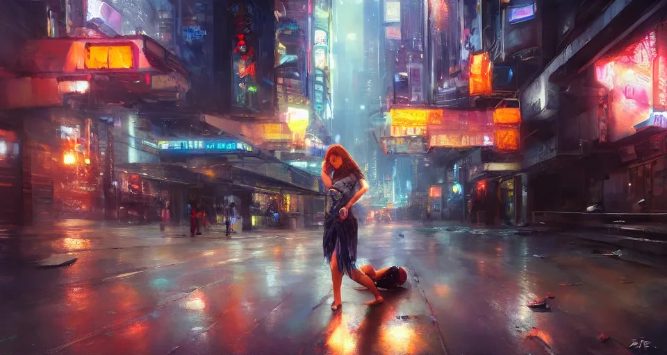 Prompt: girl sleeping on a road in a cyberpunk city. by Daniel F. Gerhartz, hyperrealistic oil painting, 4k, studio lightning