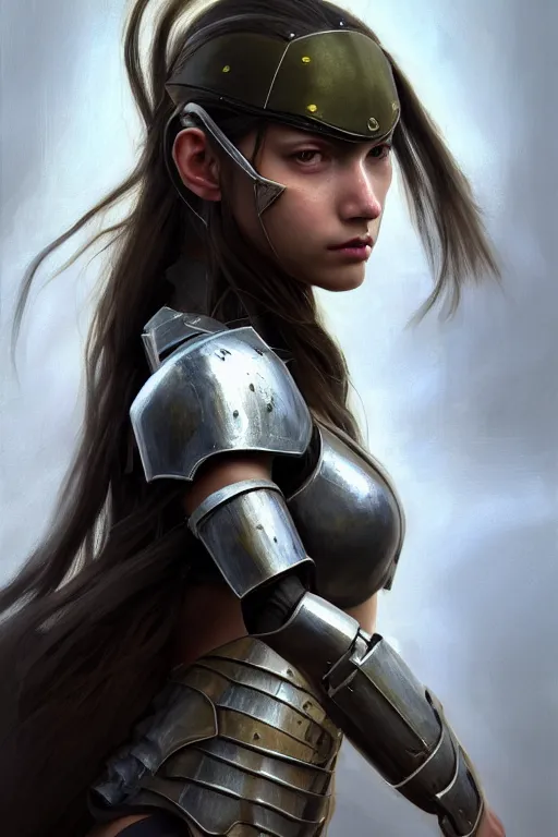 Image similar to a photorealistic painting of an attractive young girl, partially clothed in stealth-like battle armor, olive skin, long dark hair, beautiful bone structure, symmetrical face, perfect eyes, intricate, elegant, digital painting, concept art, illustration, sharp focus, minimal artifacts, from Metal Gear, in the style of Ruan Jia and Mandy Jurgens and Greg Rutkowski, trending on Artstation, award winning