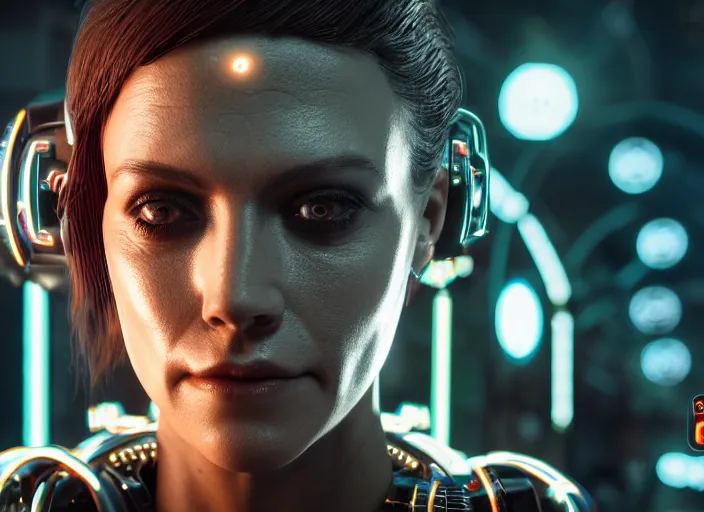 Prompt: 35mm portrait of a sophisticated intricate terminator woman's head on the background of a weird magical mechanical forest. Round gears visible in her head. Very detailed 8k. Fantasy cyberpunk horror. Sharp. Unreal 5 render with nanite, global illumination and path tracing. Cinematic post-processing